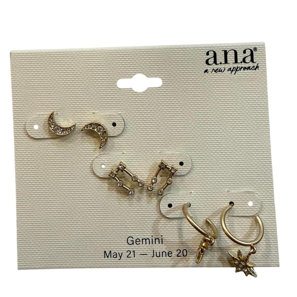 NWT a.n.a. Gemini Zodiac Celestial Earring Set Gold Tone Moon Star Huggies
